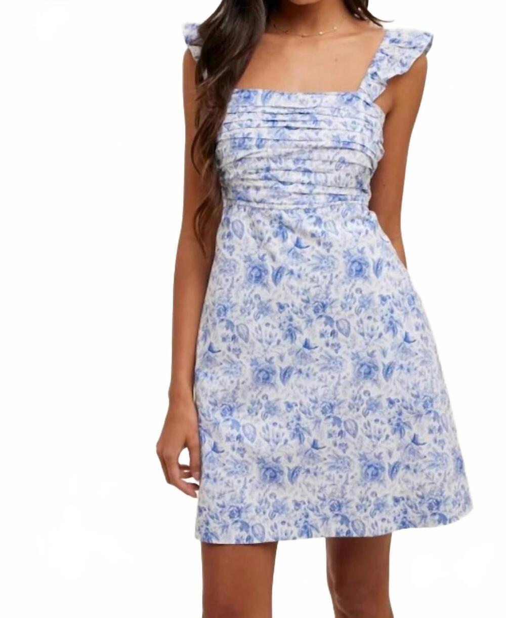 NEW WISHLIST women's floral ruffle sleeve dress in blue/white